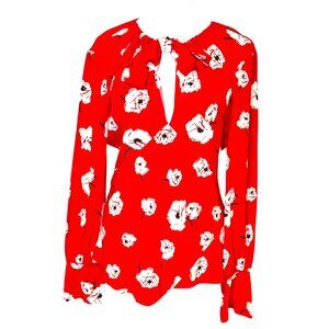 Derek Lam 10 Crosby Long Sleeve Blouse Red Floral Silk With Bow Tie Size 4